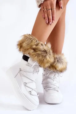 Boto Śniegowce Damskie*Damskie Śniegowce Z Futerkiem Sznurowane Białe Shannon