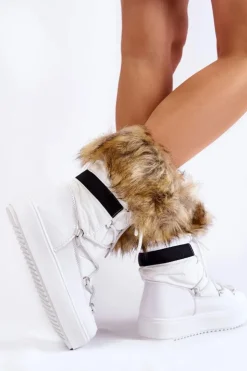 Boto Śniegowce Damskie*Damskie Śniegowce Z Futerkiem Sznurowane Białe Shannon