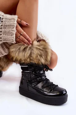 Damskie Boto Damskie Śniegowce Z Futerkiem Sznurowane Czarne Shannon