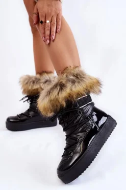 Damskie Boto Damskie Śniegowce Z Futerkiem Sznurowane Czarne Shannon