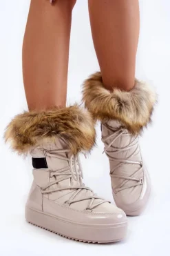 New Boto Damskie Śniegowce Z Futerkiem Sznurowane Beżowe Shannon