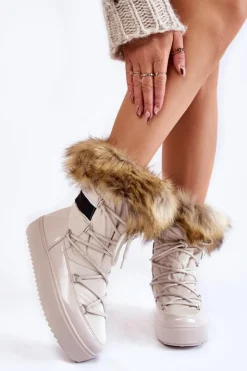 New Boto Damskie Śniegowce Z Futerkiem Sznurowane Beżowe Shannon