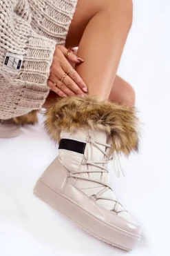 New Boto Damskie Śniegowce Z Futerkiem Sznurowane Beżowe Shannon