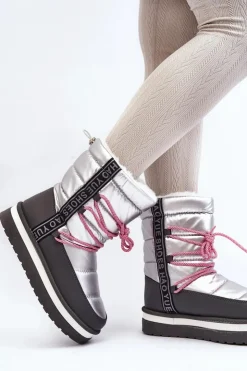 Outlet Boto Damskie Śniegowce Z Wiązaniem Srebrne Lilara Srebrny