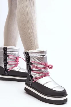 Outlet Boto Damskie Śniegowce Z Wiązaniem Srebrne Lilara Srebrny