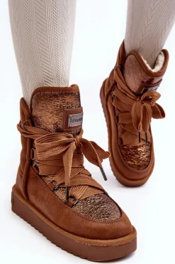 Online D.Franklin Damskie Śniegowce Z Wiązaniem DFSH370006 Brązowe