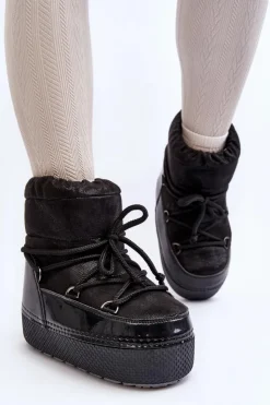 Boto Śniegowce Damskie*Damskie Śniegowce Z Wiązaniem Czarne Toolsa Czarny