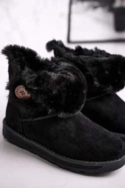 Hot Boto Damskie Śniegowce Zamszowe z Futerkiem Czarne Button