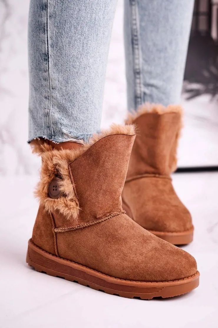 Boto Czarne Botki|Botki Zimowe Damskie*Damskie Śniegowce Zamszowe z Futerkiem Brązowe Button