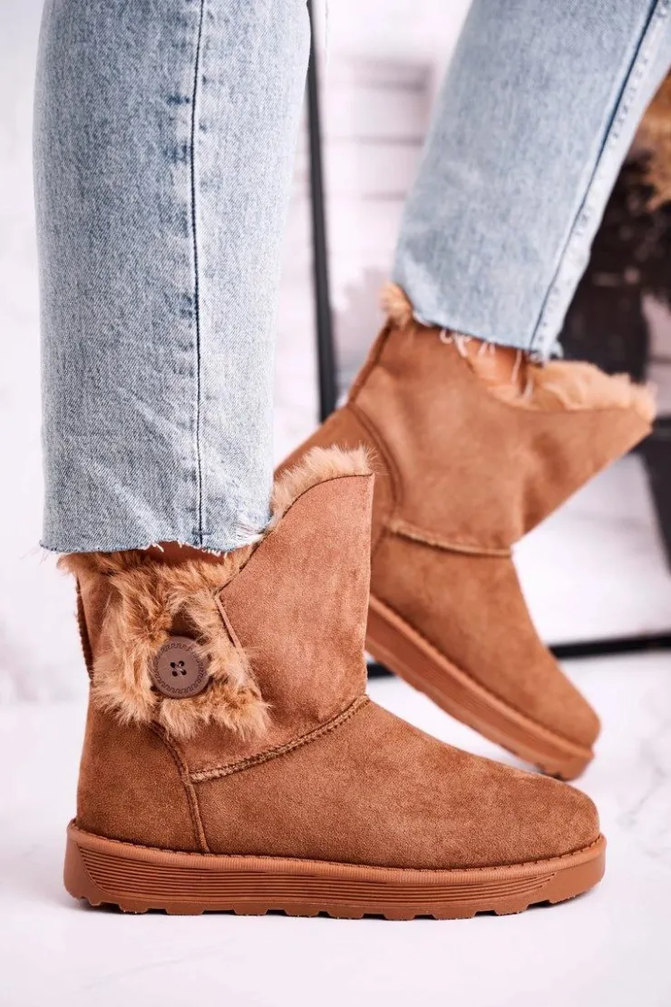 Boto Czarne Botki|Botki Zimowe Damskie*Damskie Śniegowce Zamszowe z Futerkiem Brązowe Button