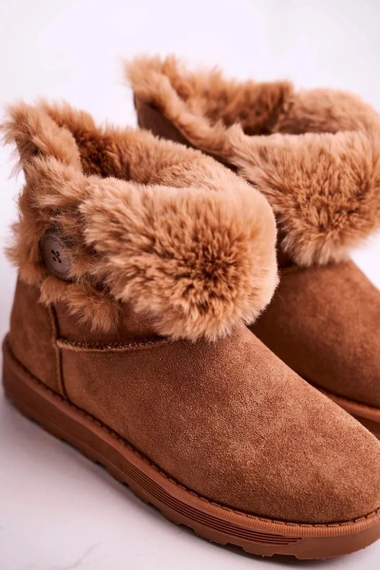 Boto Czarne Botki|Botki Zimowe Damskie*Damskie Śniegowce Zamszowe z Futerkiem Brązowe Button