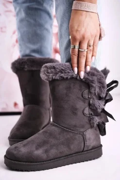 Boto Śniegowce Damskie*Damskie Śniegowce Ze Wstążką Ocieplone Futerkiem Szare Kaylee