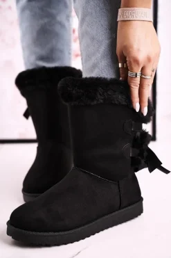 Boto Damskie Śniegowce Ze Wstążką Ocieplone Futerkiem Czarne Kaylee