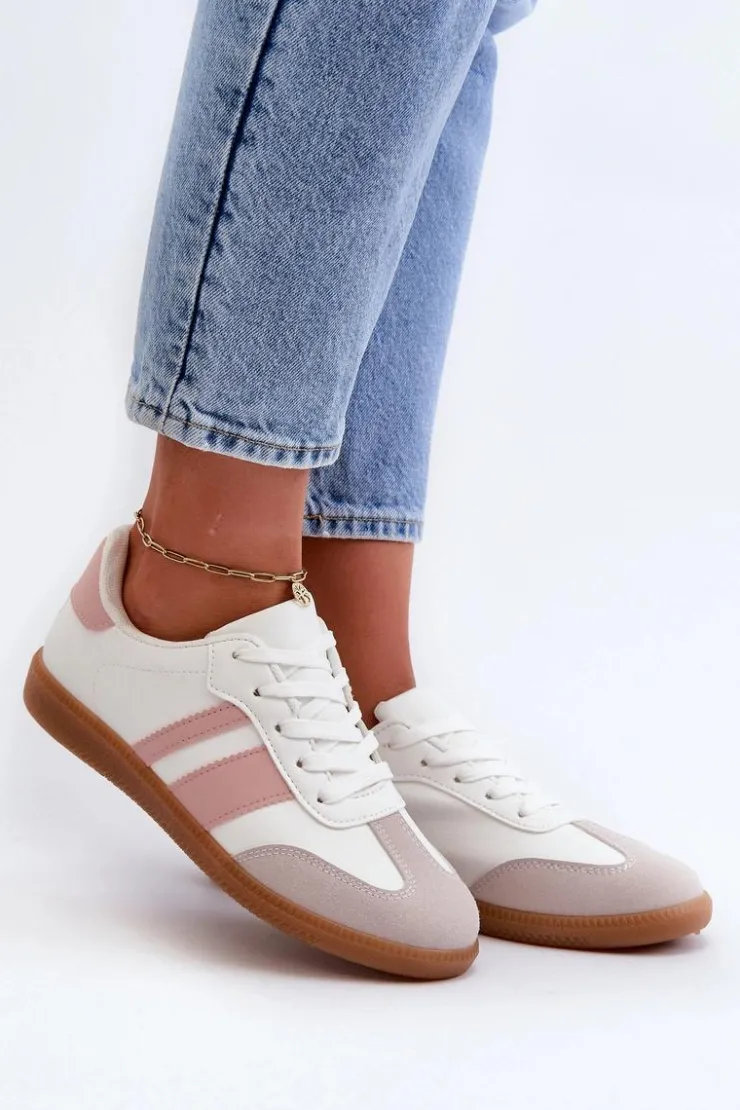 Boto Sneakersy Damskie*Damskie Niskie Eko Skórzane Sneakersy Biało-Różowe Relialia