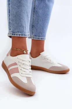 Boto Sneakersy Damskie*Damskie Niskie Eko Skórzane Sneakersy Biało-Różowe Relialia