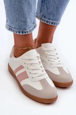 Boto Sneakersy Damskie*Damskie Niskie Eko Skórzane Sneakersy Biało-Różowe Relialia