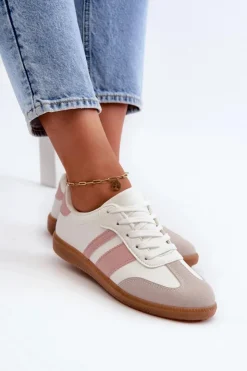 Boto Sneakersy Damskie*Damskie Niskie Eko Skórzane Sneakersy Biało-Różowe Relialia
