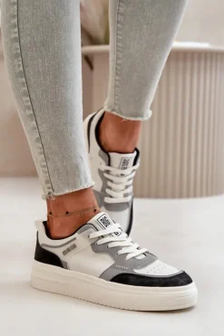 Big Star Shoes Damskie Niskie Sneakersy Z Eko Skóry Big Star OO274028 Biało-Szare Biały