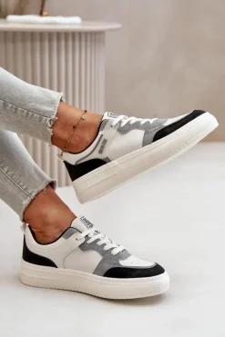 Big Star Shoes Damskie Niskie Sneakersy Z Eko Skóry Big Star OO274028 Biało-Szare Biały