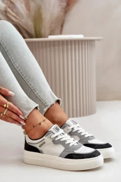 Big Star Shoes Damskie Niskie Sneakersy Z Eko Skóry Big Star OO274028 Biało-Szare Biały