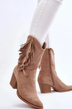 Damskie buty S.Barski Kozaki Wiosenne|Kozaki Ażurowe*Damskie Niskie Zamszowe Kozaki Kowbojki Beżowe Elyse