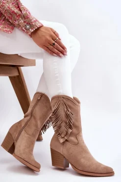 Damskie buty S.Barski Kozaki Wiosenne|Kozaki Ażurowe*Damskie Niskie Zamszowe Kozaki Kowbojki Beżowe Elyse