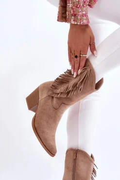 Damskie buty S.Barski Kozaki Wiosenne|Kozaki Ażurowe*Damskie Niskie Zamszowe Kozaki Kowbojki Beżowe Elyse