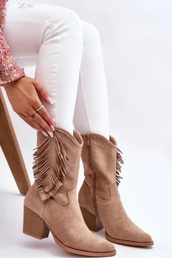 Damskie buty S.Barski Kozaki Wiosenne|Kozaki Ażurowe*Damskie Niskie Zamszowe Kozaki Kowbojki Beżowe Elyse