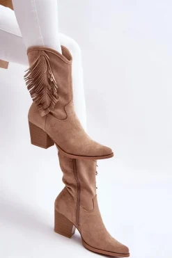 Damskie buty S.Barski Kozaki Wiosenne|Kozaki Ażurowe*Damskie Niskie Zamszowe Kozaki Kowbojki Beżowe Elyse