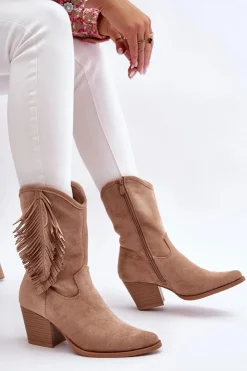 Damskie buty S.Barski Kozaki Wiosenne|Kozaki Ażurowe*Damskie Niskie Zamszowe Kozaki Kowbojki Beżowe Elyse