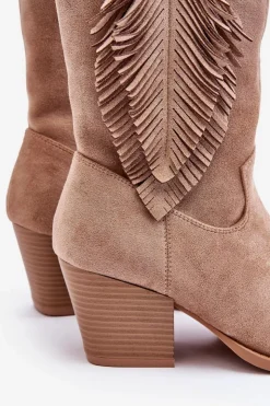 Damskie buty S.Barski Kozaki Wiosenne|Kozaki Ażurowe*Damskie Niskie Zamszowe Kozaki Kowbojki Beżowe Elyse