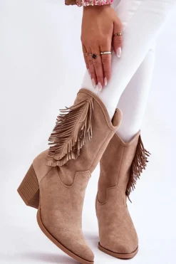 Damskie buty S.Barski Kozaki Wiosenne|Kozaki Ażurowe*Damskie Niskie Zamszowe Kozaki Kowbojki Beżowe Elyse