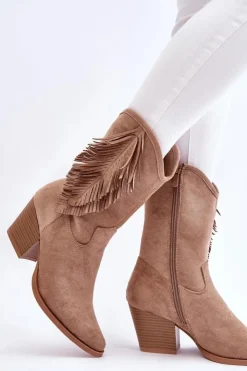 Damskie buty S.Barski Kozaki Wiosenne|Kozaki Ażurowe*Damskie Niskie Zamszowe Kozaki Kowbojki Beżowe Elyse