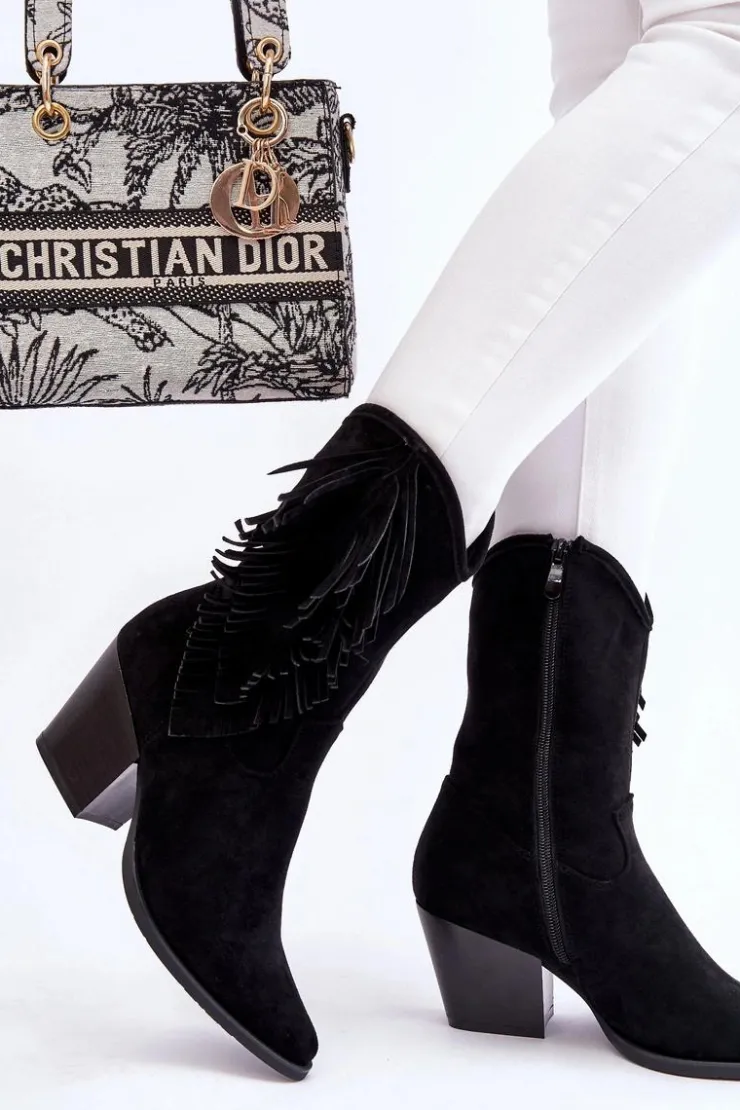 Sale Damskie buty S.Barski Damskie Niskie Zamszowe Kozaki Kowbojki Czarne Elyse