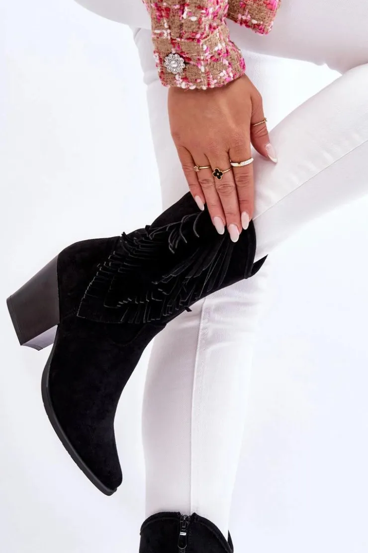 Sale Damskie buty S.Barski Damskie Niskie Zamszowe Kozaki Kowbojki Czarne Elyse