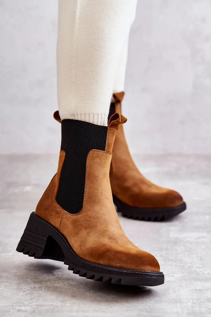 Sale Boto Damskie Ocieplane Botki Na Obcasie Camel Abella