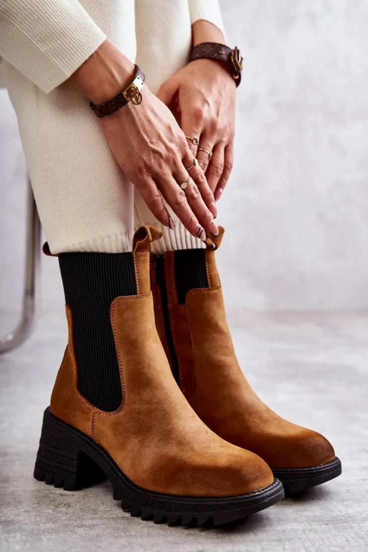 Sale Boto Damskie Ocieplane Botki Na Obcasie Camel Abella