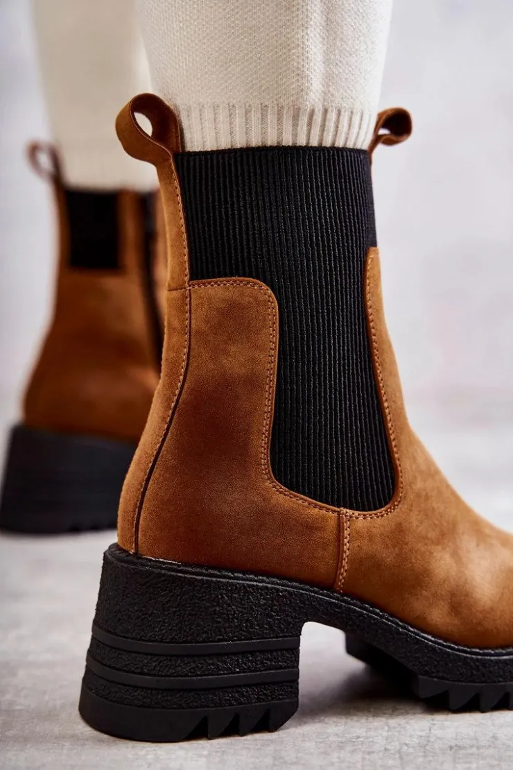 Sale Boto Damskie Ocieplane Botki Na Obcasie Camel Abella