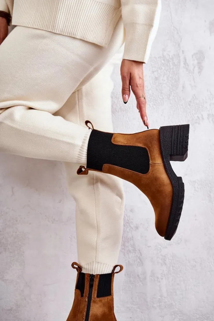 Sale Boto Damskie Ocieplane Botki Na Obcasie Camel Abella