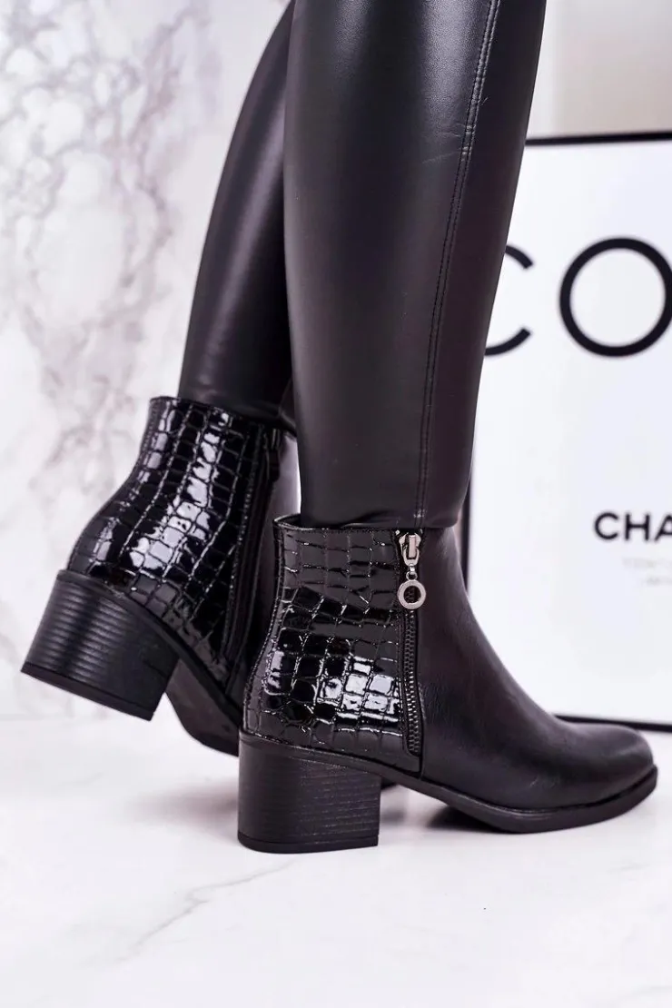 Boto Botki Na Słupku|Czarne Botki*Damskie Ocieplane Botki Na Obcasie Print Zwierzęcy Czarne Confidence