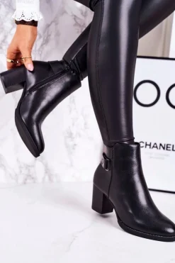 Outlet Boto Damskie Ocieplane Botki Na Słupku Czarne Unstoppable