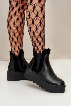 Damskie Boto Damskie Ocieplane Botki Na Platformie I Koturnie Czarne Mivanira