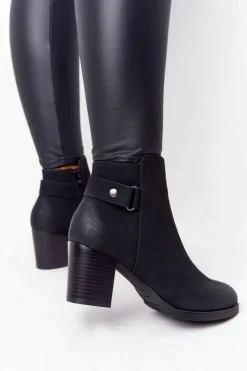 Boto Botki Na Słupku|Czarne Botki*Damskie Ocieplane Botki Na Słupku Nubuk Czarne Unstoppable