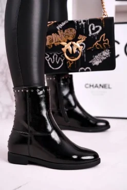 Damskie Boto Damskie Ocieplane Botki Na Koturnie Lakierowane Czarne Performance