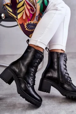 Buty damskie Vinceza Damskie Trapery|Botki Sznurowane*Damskie Ocieplane Botki Na Obcasie Czarne Grethe