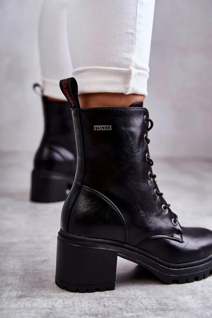 Buty damskie Vinceza Damskie Trapery|Botki Sznurowane*Damskie Ocieplane Botki Na Obcasie Czarne Grethe