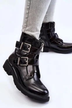 Boto Czarne Botki|Botki Zimowe Damskie*Damskie Ocieplane Botki Na Płaskim Obcasie Z Suwakiem Czarne Joshie