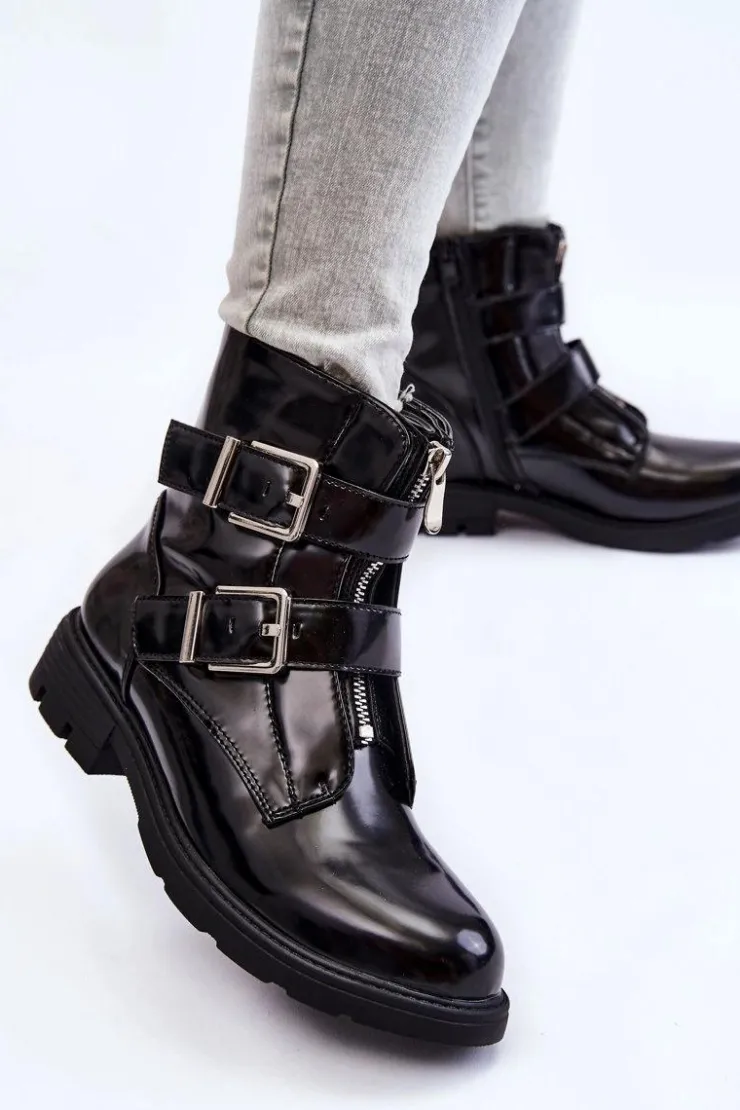 Boto Czarne Botki|Botki Zimowe Damskie*Damskie Ocieplane Botki Na Płaskim Obcasie Z Suwakiem Czarne Joshie