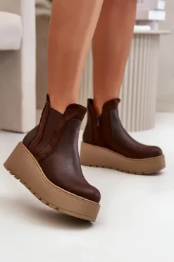 Boto Botki Na Koturnie|Brązowe I Beżowe Botki*Damskie Ocieplane Botki Na Platformie I Koturnie Brązowe Mivanira