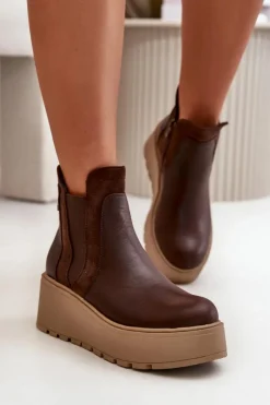 Boto Botki Na Koturnie|Brązowe I Beżowe Botki*Damskie Ocieplane Botki Na Platformie I Koturnie Brązowe Mivanira